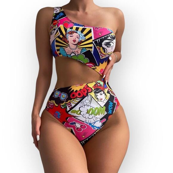 Womens Swimsuit Popart Sz XL Comic Print One Shoulder Connect 2 PC High Cut Swim - Picture 1 of 11